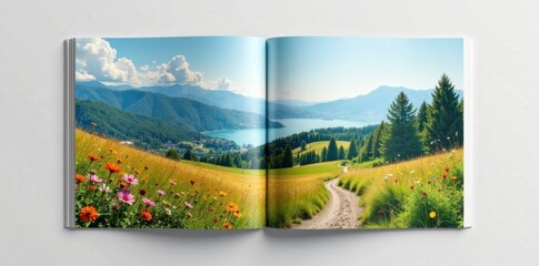 Opened bifold brochure with a scenic landscape, tree, brochure, landscape