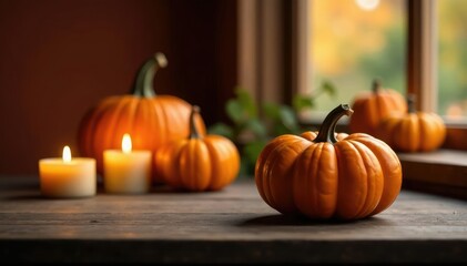 Cozy corner with a small pumpkin and candles on a wooden table, pumpkin,