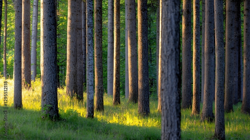 Poster Sunlight filtering through tall trees creating a serene forest scene : Generative AI