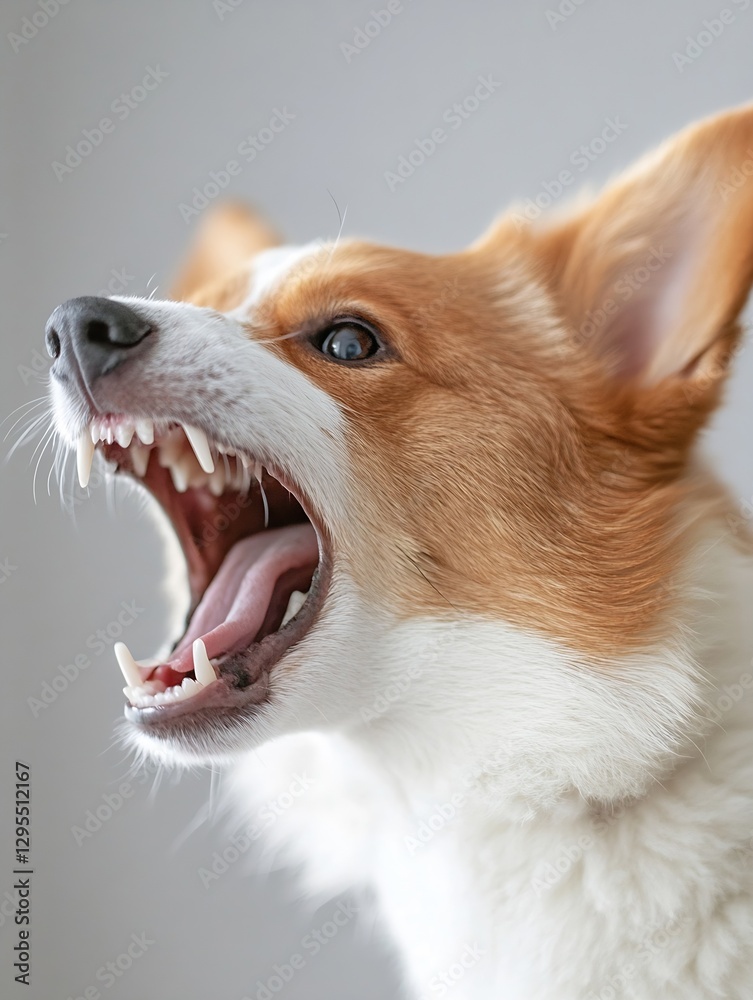 Poster corgi dog showing teeth with mouth wide open in a fierce expression captured indoors : generative ai