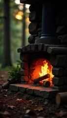 Obraz premium Cozy fireplace with a warm and inviting glow in the woods, wood, inviting, natural