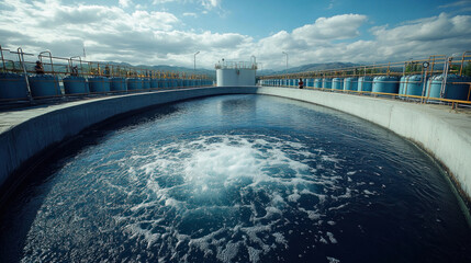 Water purification plant in India, massive filtration tanks, engineers monitoring water quality, modern sustainable infrastructure providing clean drinking water