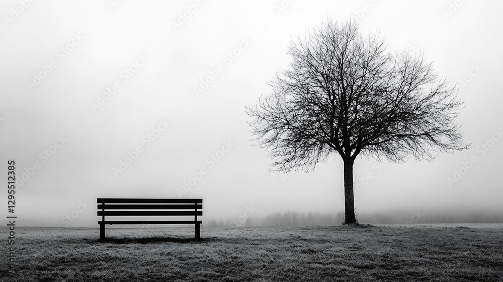 Aufkleber Lonely bench standing next to a bare tree in a foggy landscape creating a haunting atmosphere : Generative AI