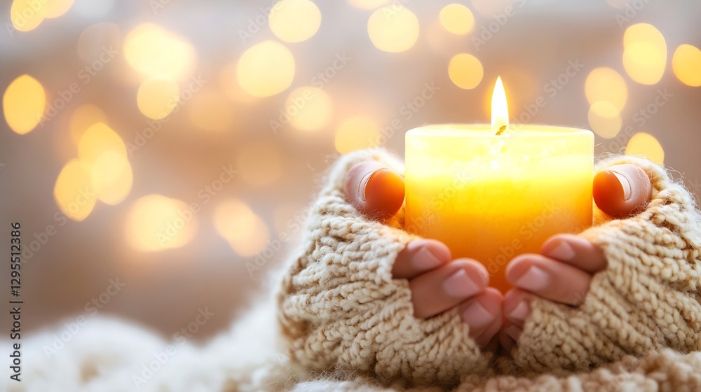 Fototapete warm hands holding a glowing candle with soft bokeh lights creating a cozy atmosphere for relaxation