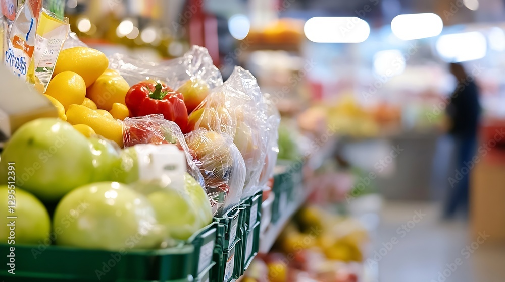 Poster Vibrant display of fresh fruits and vegetables in a grocery store with a colorful background blur : Generative AI