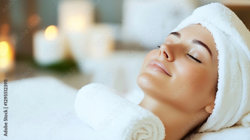 Poster woman enjoying relaxation with towel on head in spa environment : generative ai