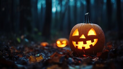 Spooky glowing Halloween pumpkin in a dark forest creating an eerie autumn atmosphere : Generative AI