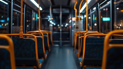 Fototapeta premium Empty bus interior showcasing vibrant orange seats and serene nighttime ambiance : Generative AI