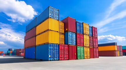 Fototapeta premium Colorful stack of shipping containers against a bright blue sky creating a modern industrial scene : Generative AI
