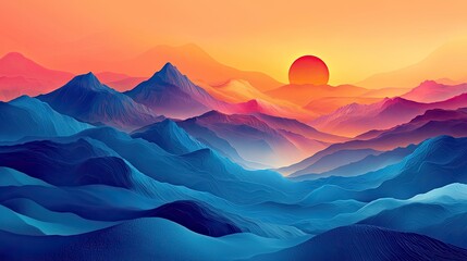 Vibrant sunset over layered mountain ranges with colorful gradients and soft shadows
