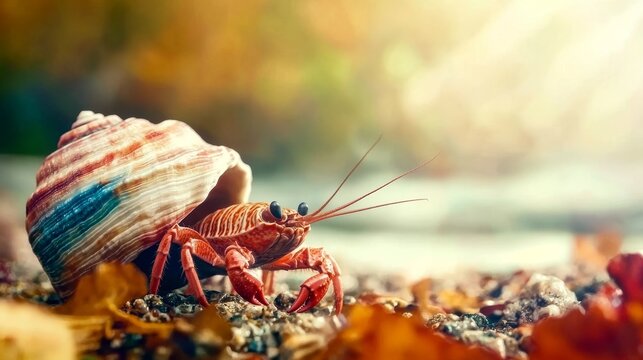 A tiny hermit crab emerging from a vibrant shell, antennae quivering in morning light