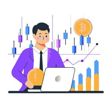 Young man in a purple suit and tie, analyzing financial data at a computer in a modern office. Focused and attentive investor reviewing cryptocurrency market trends.