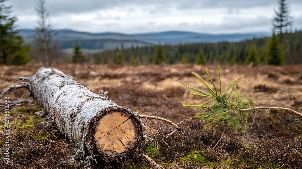 Poster a serene landscape featuring a fallen log in a lush green forest with rolling hills and distant moun