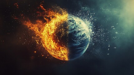 Obraz premium A divided earth with fire and water, illustrating climate change and environmental issues
