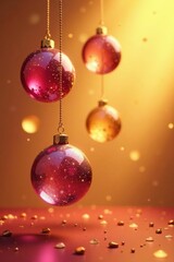 Ornamented glass spheres suspended in mid-air against a warm golden background, elegant design, metallic shine, holiday decoration