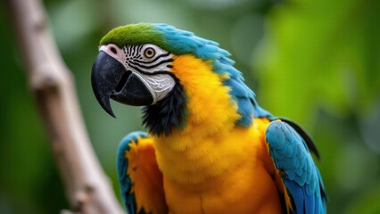 A severe macaw with vibrant blue, yellow, and green feathers perched on a branch.