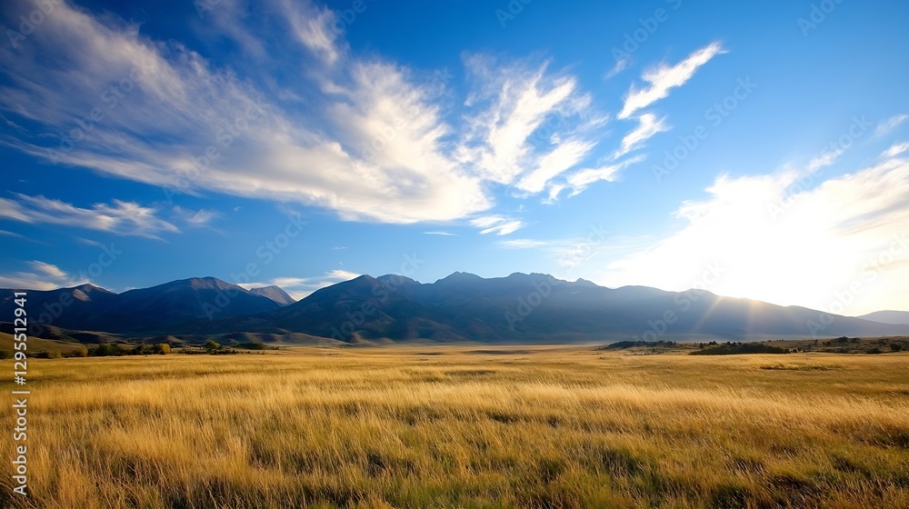 Poster wide open field with golden grass under a bright blue sky and distant mountain range : generative ai