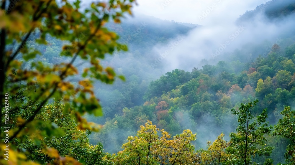 Poster scenic view of lush green mountains shrouded in misty fog in autumn : generative ai