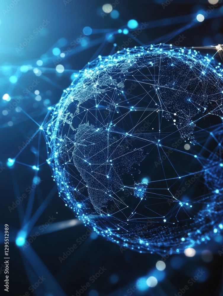Poster blockchain technology futuristic hud background with world globe and blockchain polygon peer to peer