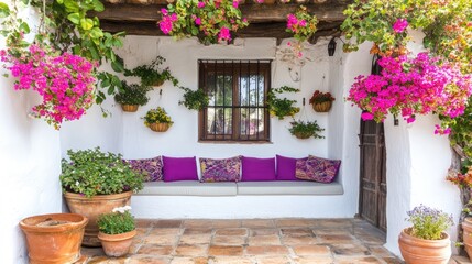 Naklejka premium A relaxing outdoor sitting area surrounded by potted plants.