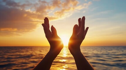 Hands Raised to the Setting Sun at the Beach Symbolizing Hope Freedom and New Beginnings : Generative AI