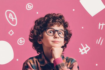 Thoughtful boy in glasses surrounded by math symbols on a soft pink background with white elements