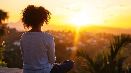 Fototapeta premium Woman Meditating at Sunset with Beautiful View of Landscape and Warm Colors : Generative AI