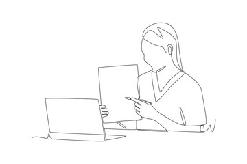 The doctor is filling out the clinic documents. Filling out clinic paperwork concept one-line drawing