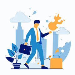 A male professional in a light-blue business suit and tie, carrying a briefcase, walks forward, holding a stylized orange flame aloft, against a backdrop of stylized city buildings and clouds.