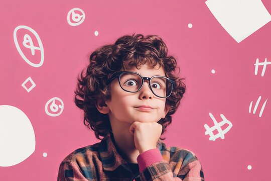Thoughtful boy in glasses surrounded by math symbols on a soft pink background with white elements