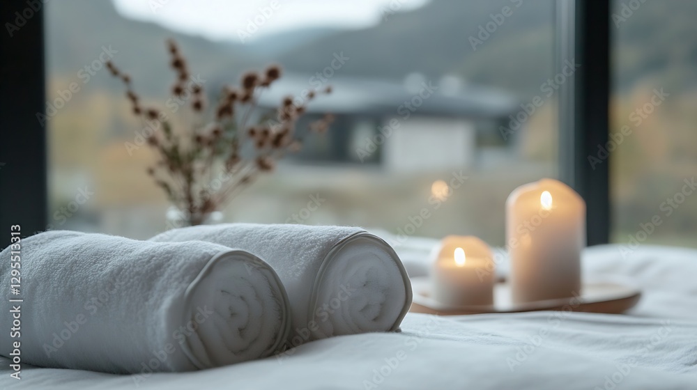 Poster spa essentials with soft towels and candles for relaxation and calm atmosphere : generative ai