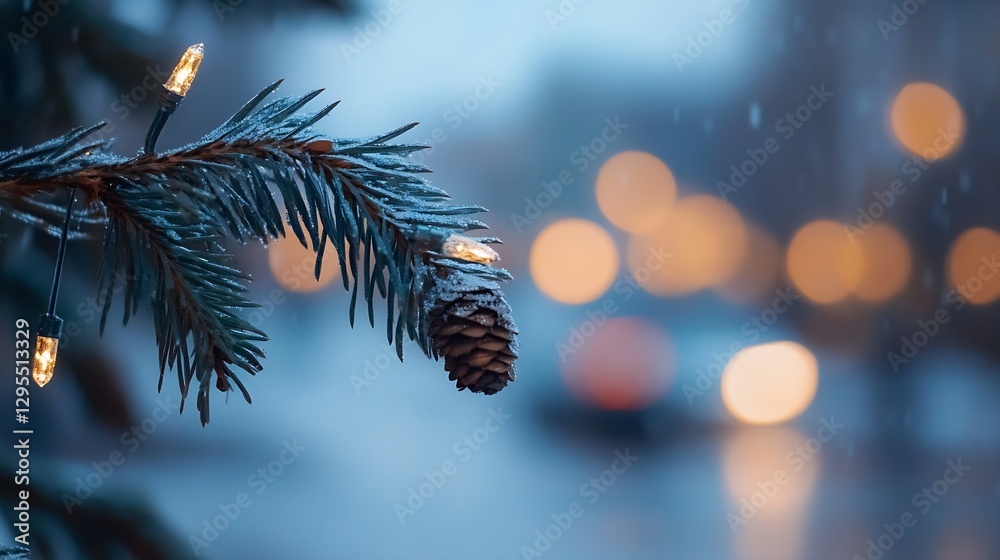 Poster pine cone on tree branch decorated with christmas lights during a rainy evening : generative ai