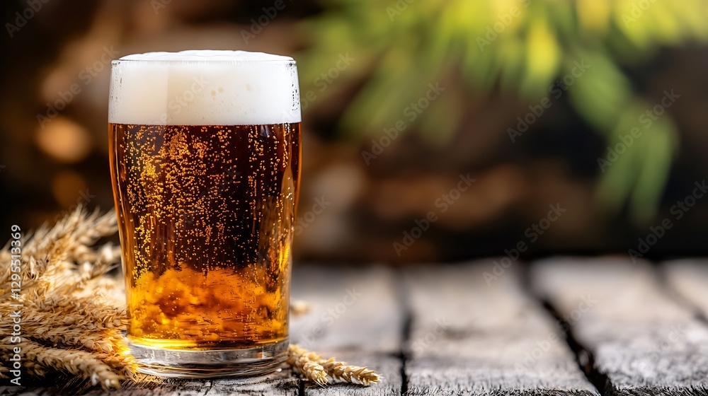 Aufkleber refreshing glass of beer with golden bubbles and foam sitting on rustic wooden table : generative ai
