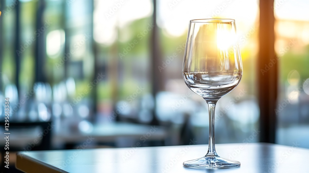 Poster wine glass on table with sunlight reflection in a modern restaurant environment : generative ai