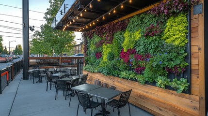 Fototapeta premium A restaurant patio enhanced by a natural green wall.