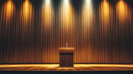 Wooden podium with microphone on stage, lit by spotlights. Ideal for presentations, speeches, or announcements.