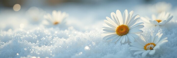 delicate white daisy petals unfolding in snow, bloom, daisies © lammone