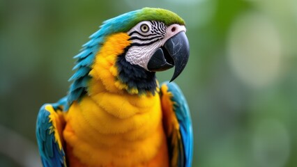 A severe macaw perched on a branch with vibrant green and blue feathers, displaying its striking red forehead.