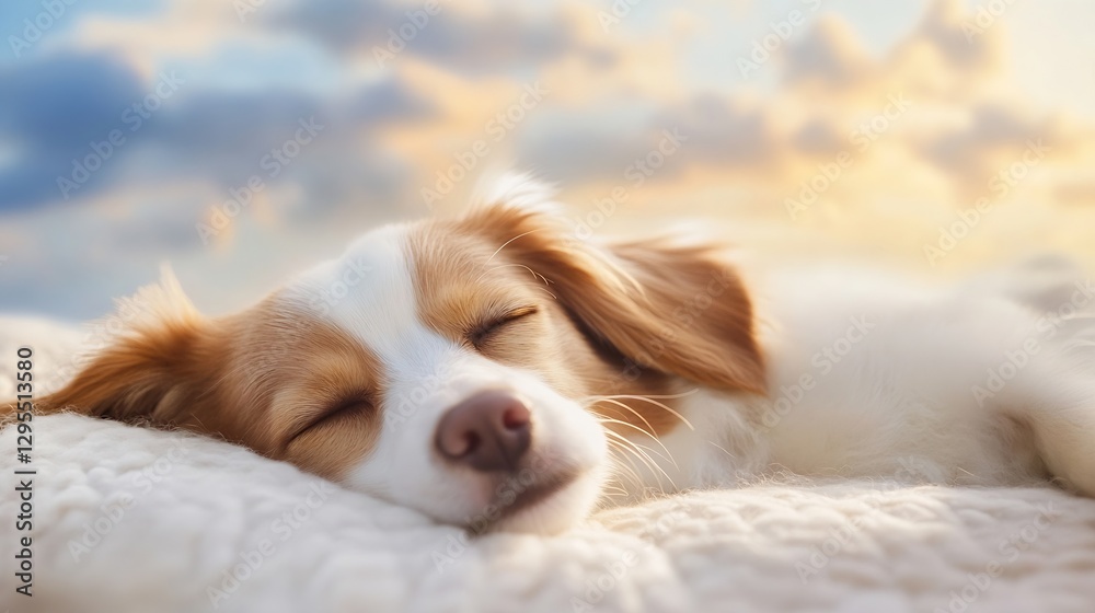 Poster a peaceful sleeping dog on a soft blanket with a beautiful soft background at sunset : generative ai