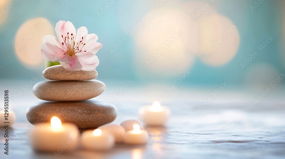 Poster Serene Flower on Stack of Stones with Soft Candles in Tranquil Background : Generative AI