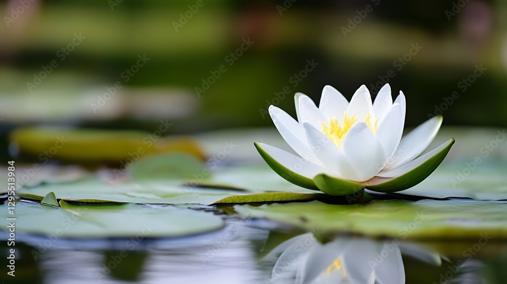 Poster serene water lily blossom floating gracefully on calm pond surface in nature's reflection : generati