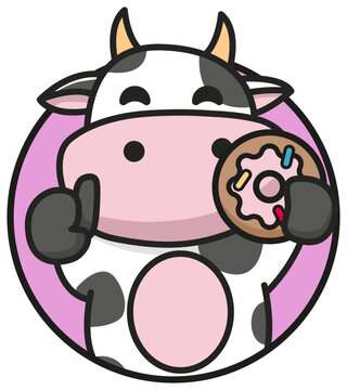 Cute cow eating a donut vector mascot