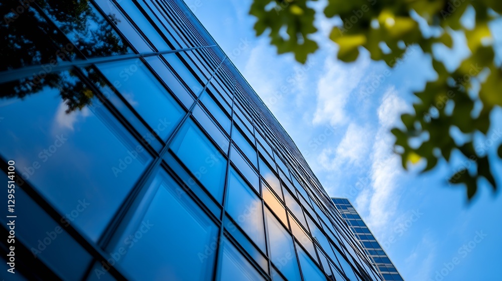 Poster reflections in skyscraper windows highlight the beauty of modern architecture against a bright blue 