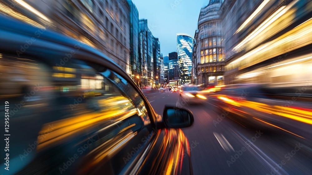 Poster dynamic cityscape with motion blur capturing the essence of fastpaced urban life at dusk : generativ