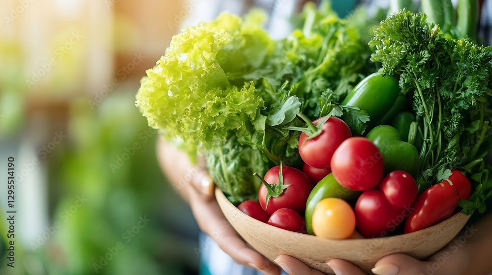 Poster fresh vegetables in a wooden bowl held by hands with sunlight creating a vibrant atmosphere : genera