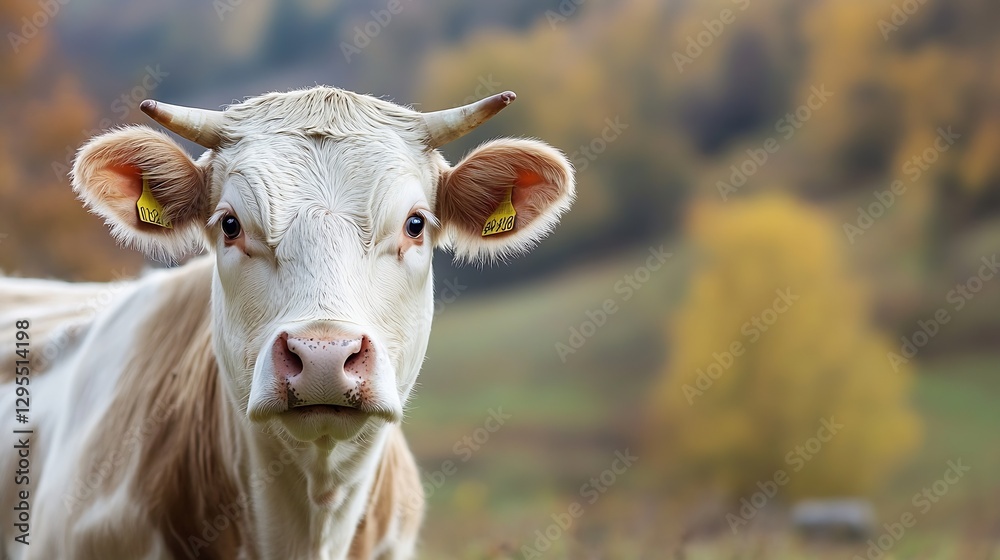 Poster curious cow with expressive eyes standing in a pastoral setting surrounded by warm autumn colors : g