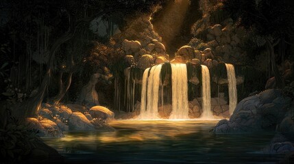 Sunlight Waterfall in Dark Forest Cave