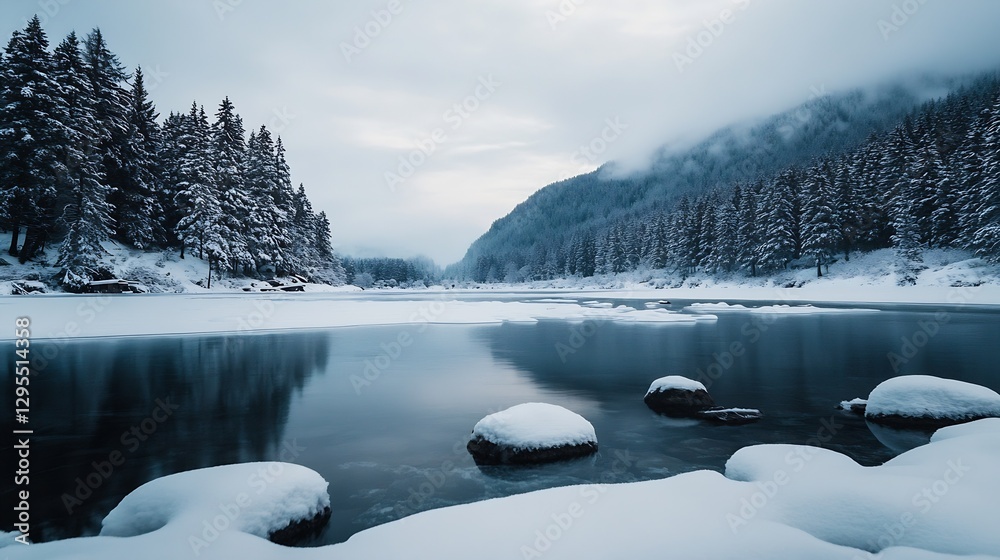 Poster silent snowy landscape featuring pine trees and calm waters during winter : generative ai