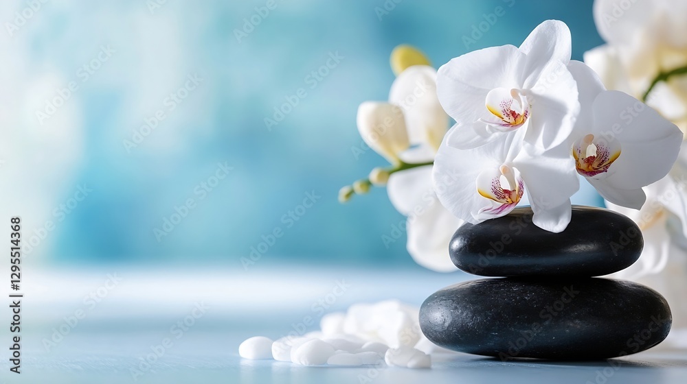 Poster beautiful white orchids and smooth black stones for relaxation and spa environment : generative ai