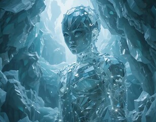 Crystal Humanoid Figure in Ice Cave Fantasy Art Concept